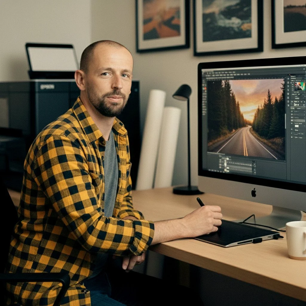 A man sitting at a desk working on photo editing on an iMac computer. The screen displays a landscape photo of a road through a forest with a sunset sky.