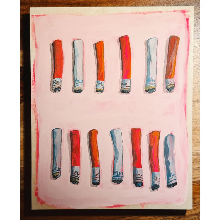 Cigarettes, painting by Caya Crum of two rows of cigarettes