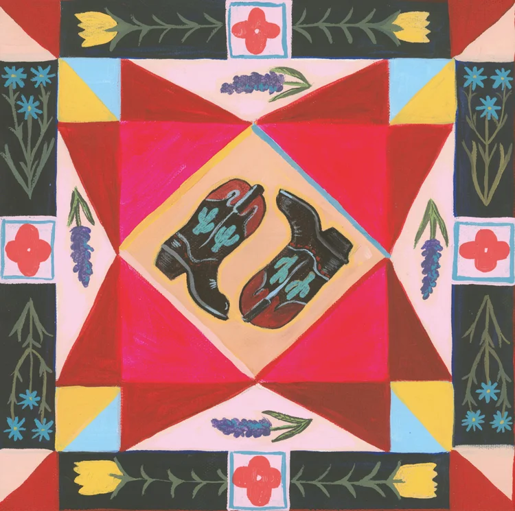 Patchwork Boots, original quilt-square painting by Caya Crum
