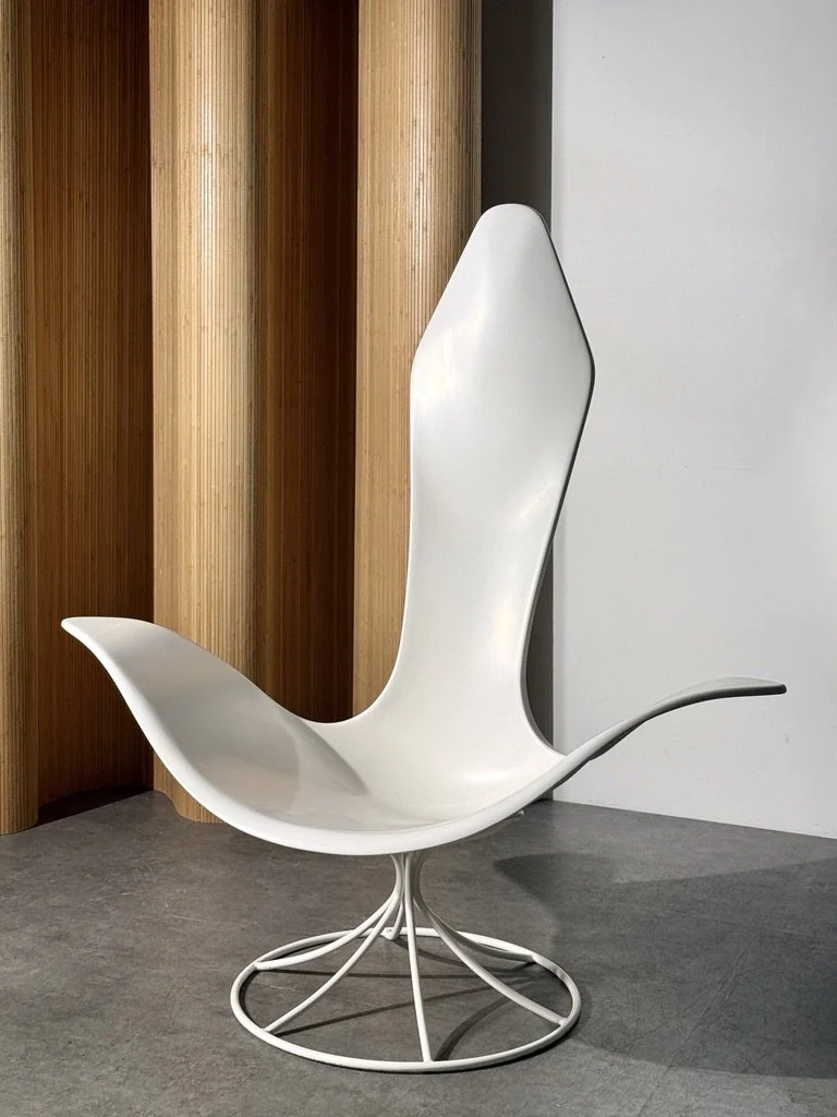 vintage mid century modern furniture laverne tulip chair rare sculptural lounge chair white fiberglass chair unique accent chair 1950s