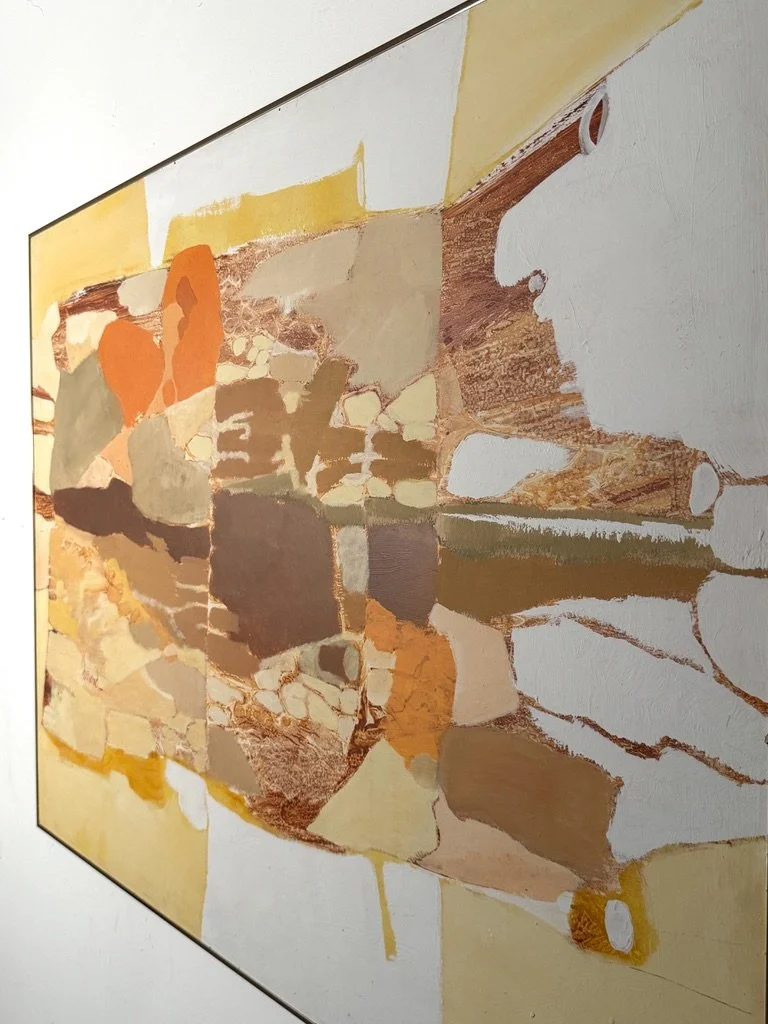 vintage mid century modern abstract organic color block oil painting on canvas signed Joel Durand large earth tone muted orange painting