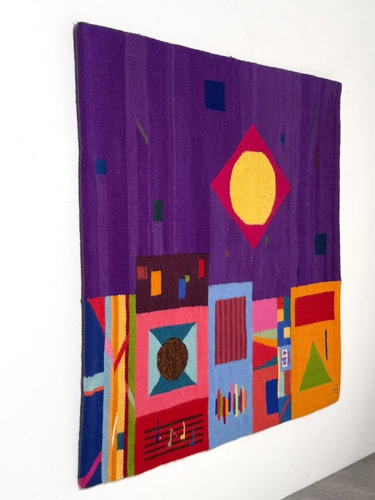 vintage mid century modern colorful abstract tapestry fiber art wall hanging evelyn ackerman postmodern contemporary wall hanging