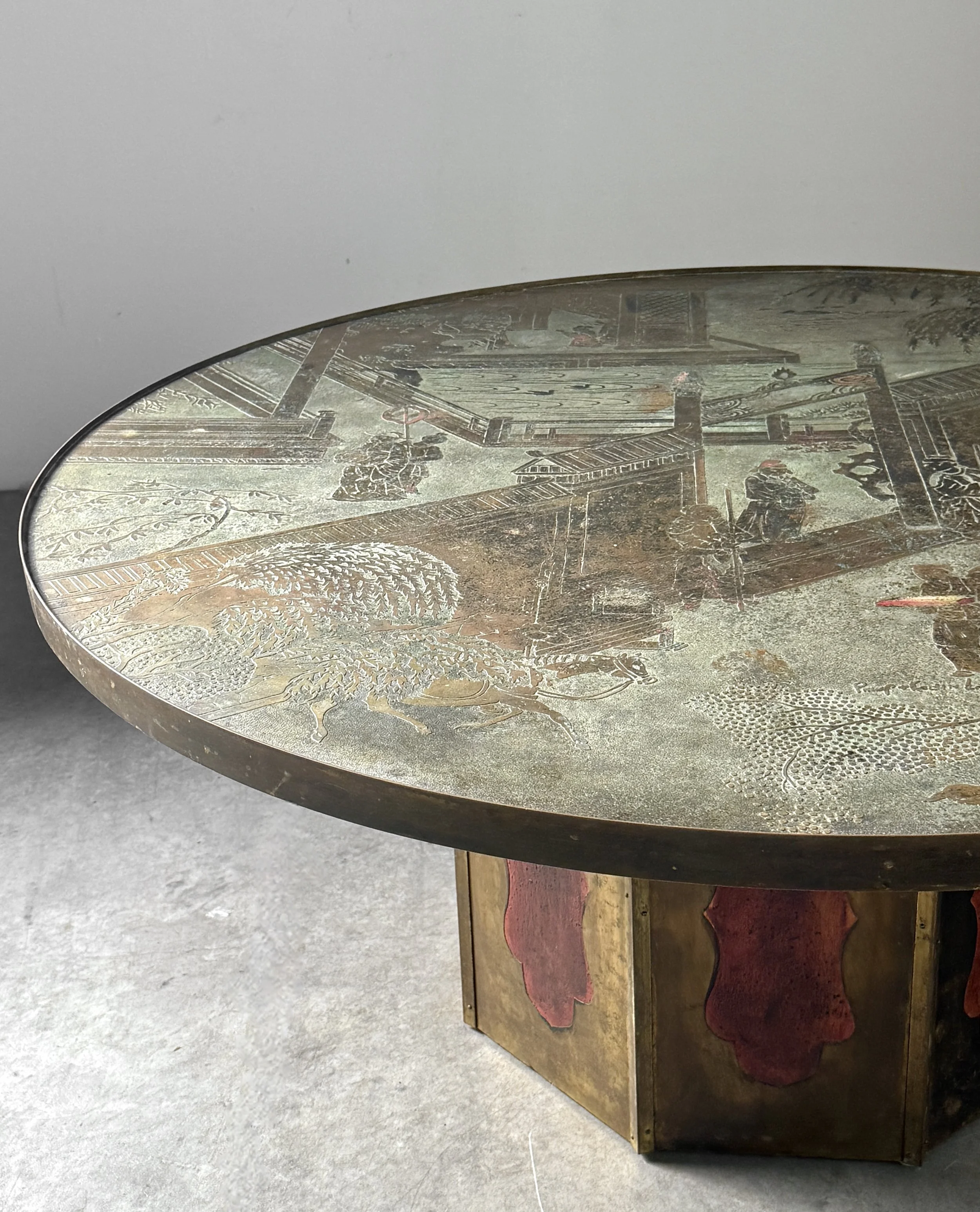 vintage mid century modern laverne bronze round coffee table cocktail table brass asian acid etched coffee table rare sculptural coffee table brass