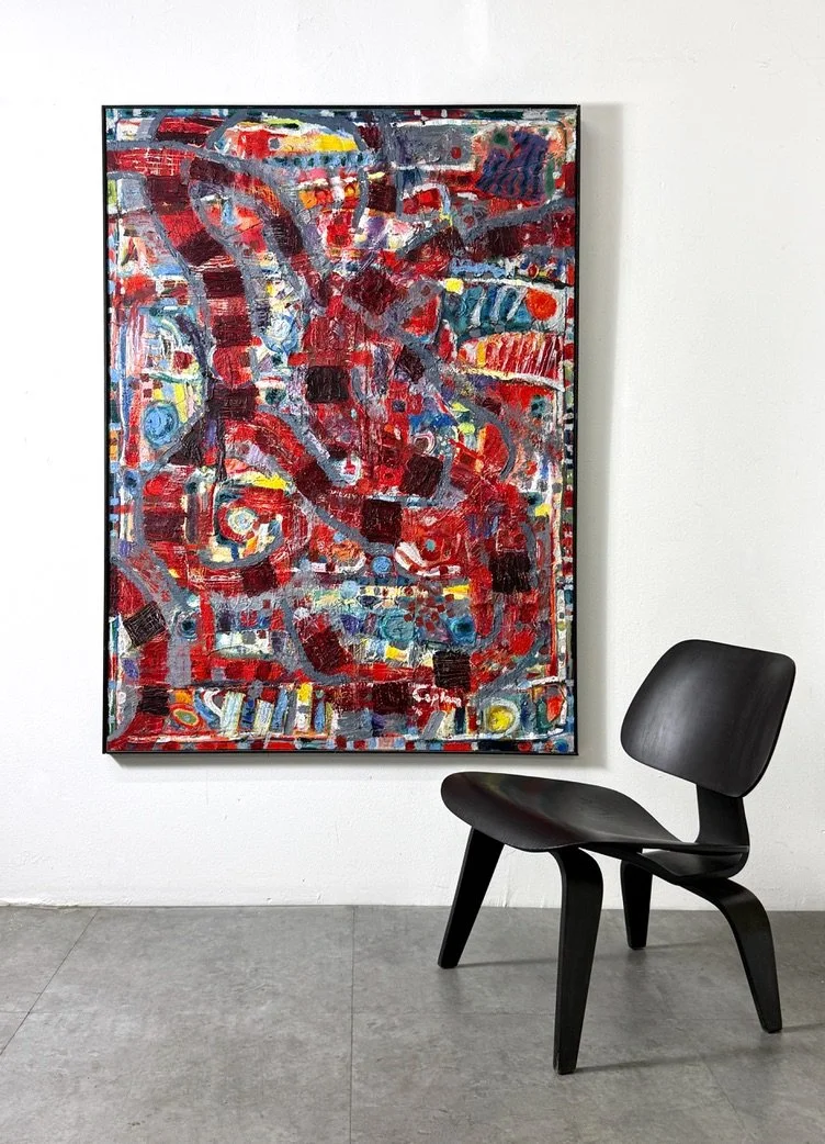 vintage mid century modern original abstract oil painting red large oversized 5 ft painting colorful multi color street art brutalist art large painting