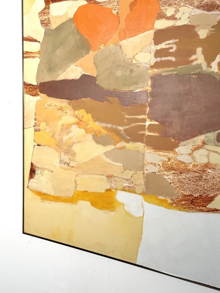 vintage mid century modern abstract organic color block oil painting on canvas signed Joel Durand large earth tone muted orange painting