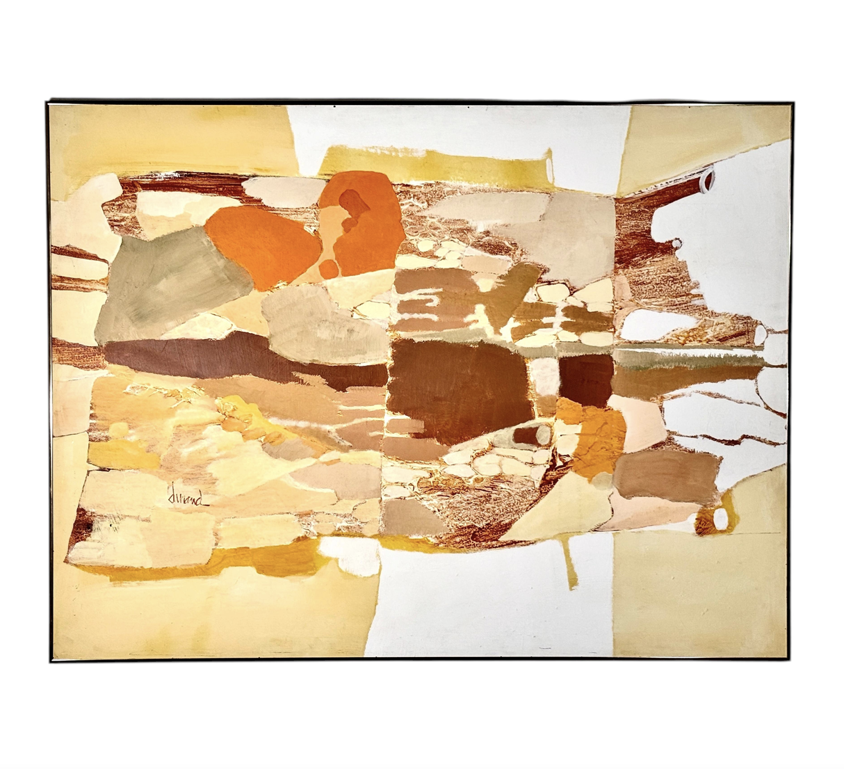 vintage mid century modern abstract organic color block oil painting on canvas signed Joel Durand large earth tone muted orange painting