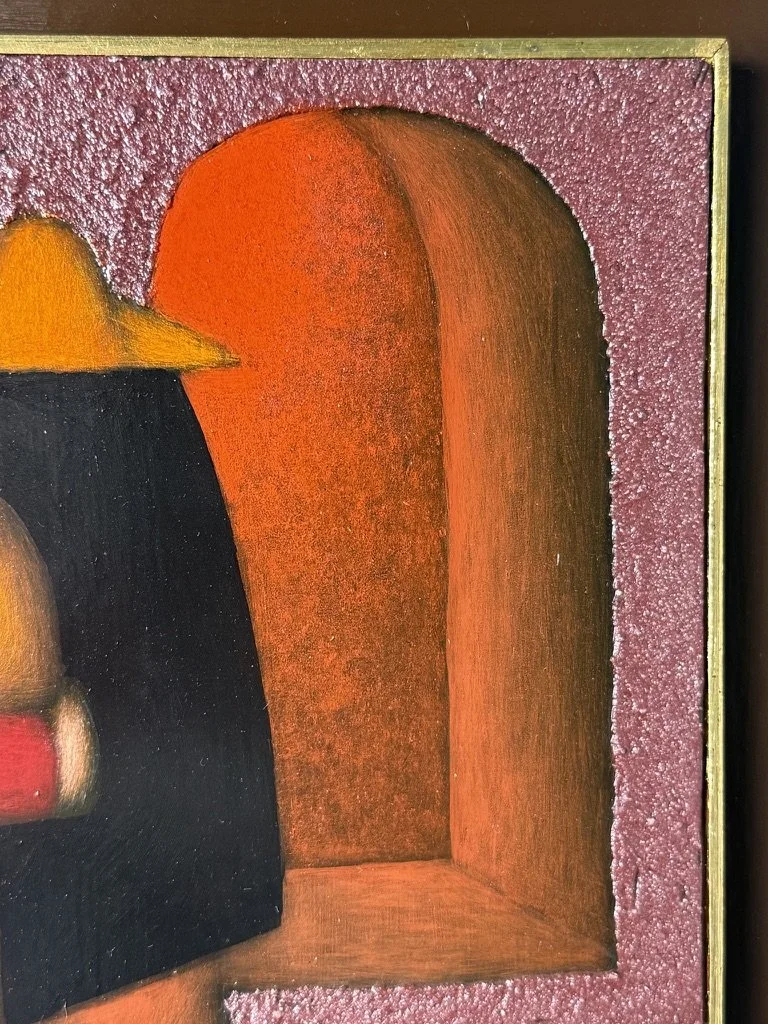 vintage mid century modern mexican oil painting original painting Jesus Leuus modernist painting surrealist figural boho painting 1960s