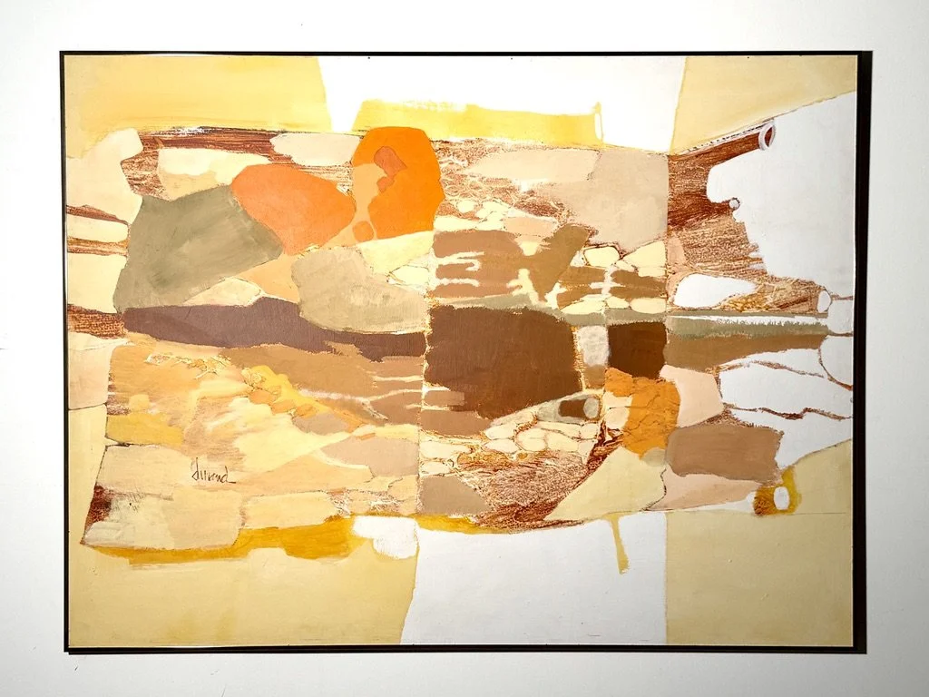 vintage mid century modern abstract organic color block oil painting on canvas signed Joel Durand large earth tone muted orange painting