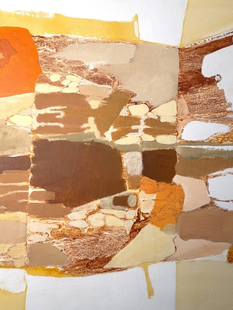 vintage mid century modern abstract organic color block oil painting on canvas signed Joel Durand large earth tone muted orange painting