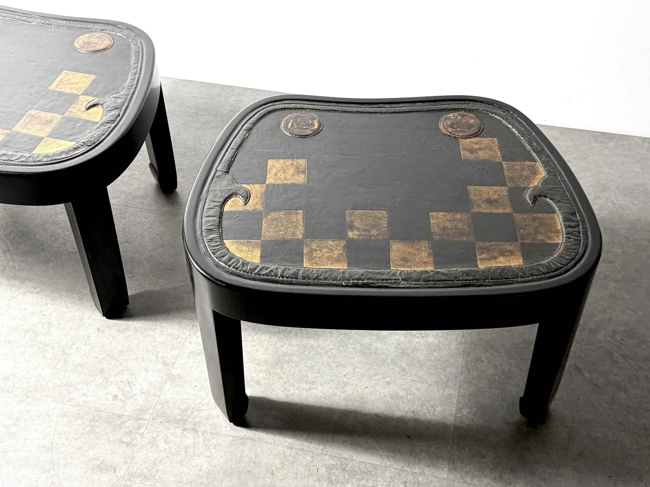 vintage mid century modern japanese leather top gold embossed leather antique side tables coffee table dunbar rare table unique sculptural side tables