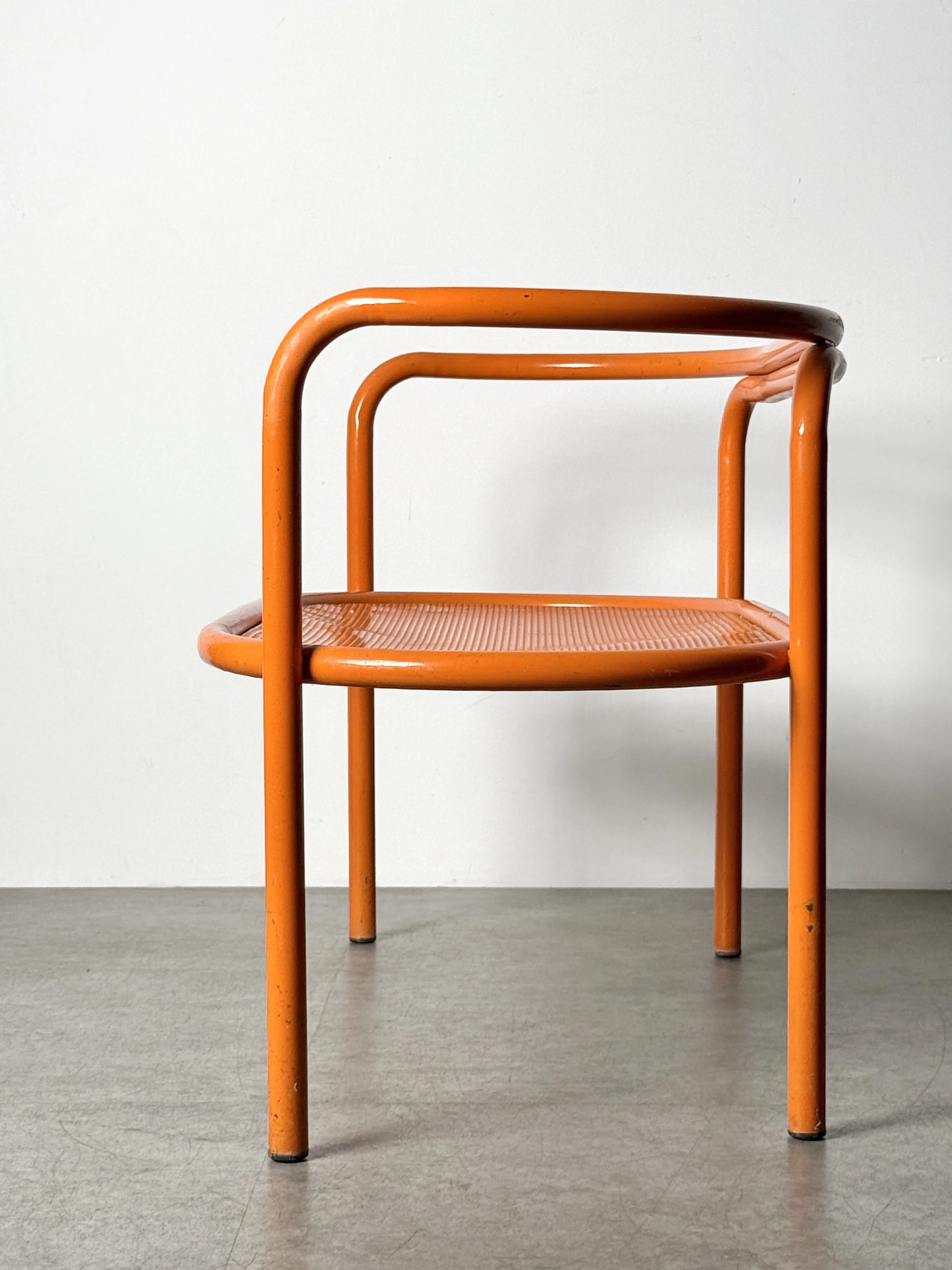 vintage mid century modern detroit michigan italian french patio outdoor bench settee modernist orange perforated metal bench pop art space age post modern seating