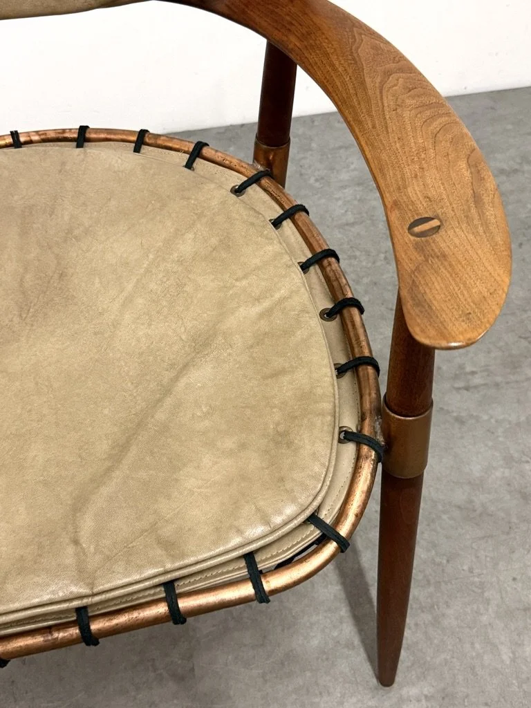 vintage mid century american studio craft lounge chair unique rare sculptural armchair hans wegner sam maloof kofod larsen pacific green leather walnut hand carved 1950s