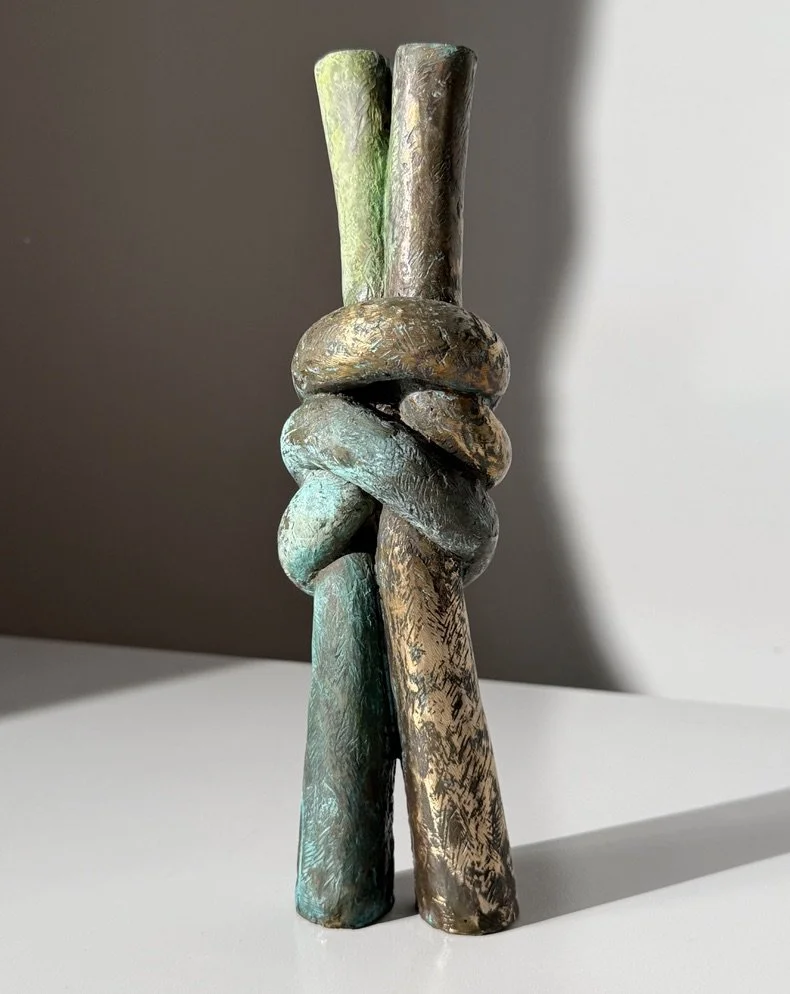 vintage mid century modern abstract bronze narrow sculpture verdigris patina knot sculpture cranbrook detroit artist unique table top sculpture solid bronze