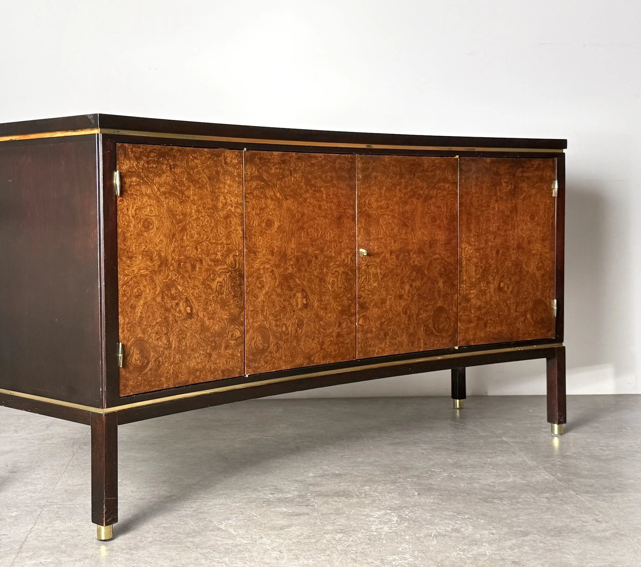 Edward Wormley for Dunbar Curved Front Credenza in Burl Walnut Mahogany and Brass