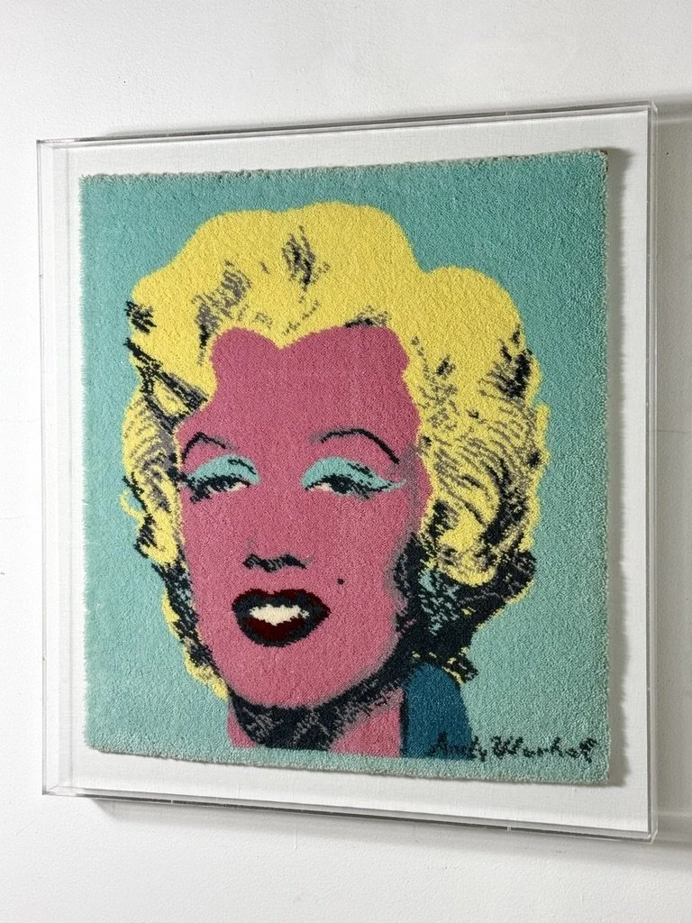 vintage andy warhol original signed tapestry wall sculpture wall hanging marilyn monroe pop art textile painting shadowbox frame pop art lucite authentic warhol art