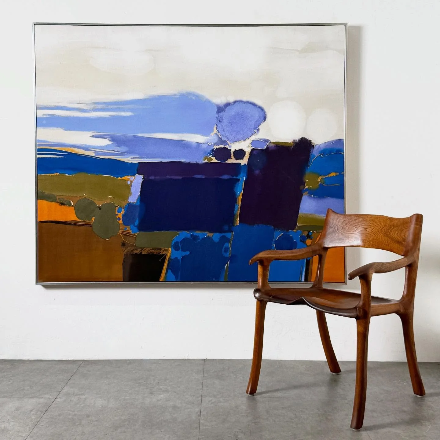 Cranbrook alumni and Co Founder of the Robert Kidd Gallery&hellip; Ray Frost Fleming. Large acrylic resist painting 🖼️💙 #rayfrostfleming #cranbrookartist #midcenturymodern #modernart #acrylicpainting #abstractpainting #landscapepainting #detroitart