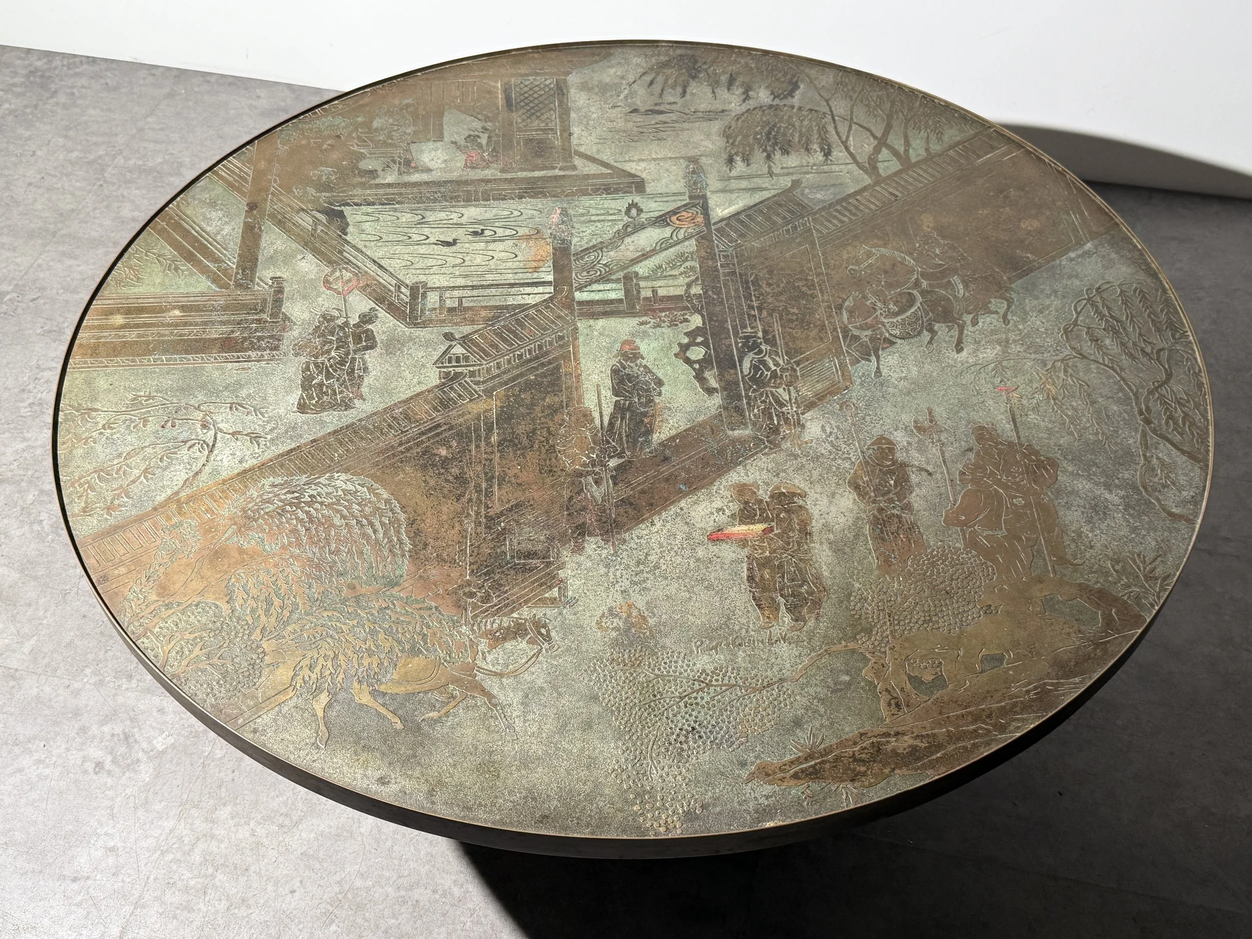 vintage mid century modern laverne bronze round coffee table cocktail table brass asian acid etched coffee table rare sculptural coffee table brass