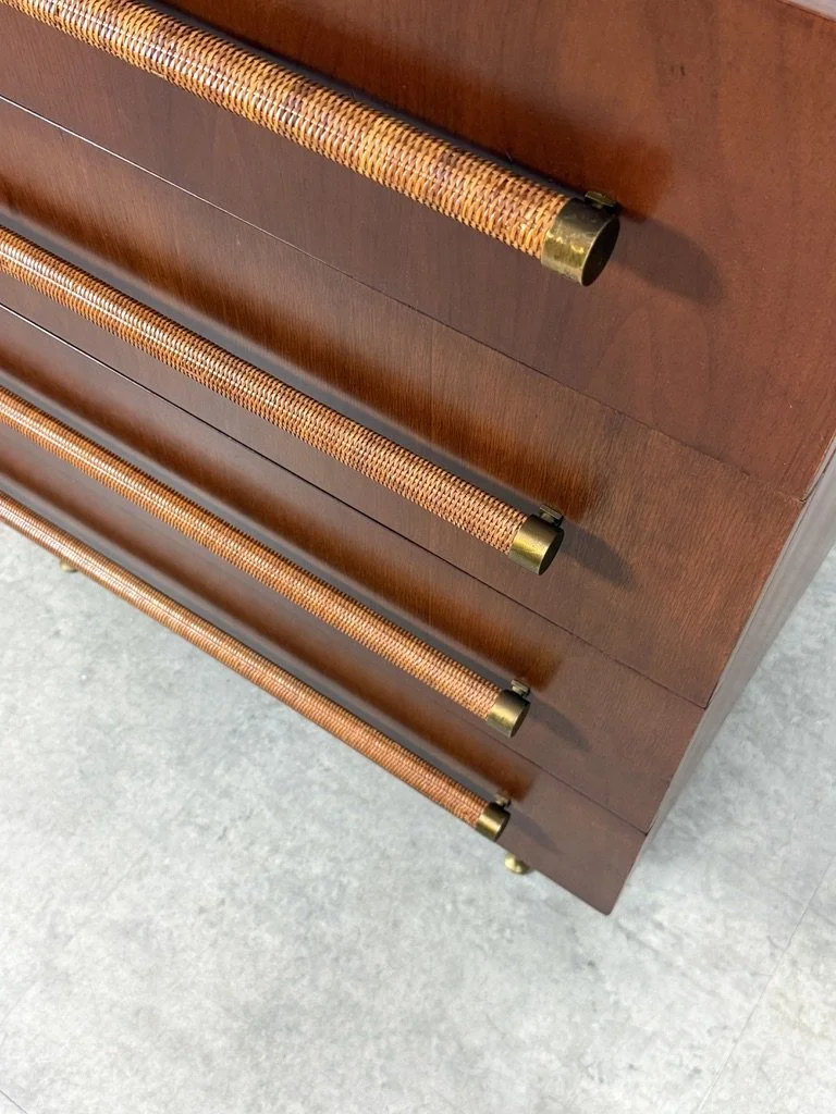 vintage mid century modern original robsjohn gibbings widdicomb dresser chest of drawers, dunbar dresser, brass leg italian dresser, cane handles 1950s