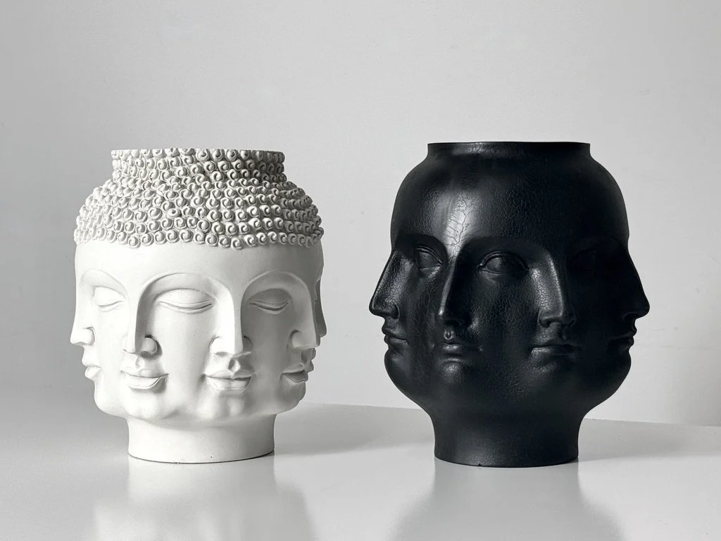vintage mid century modern black ceramic face vase fornasetti vase unique decorative sculpture surrealist pop art conversation piece multi face vase