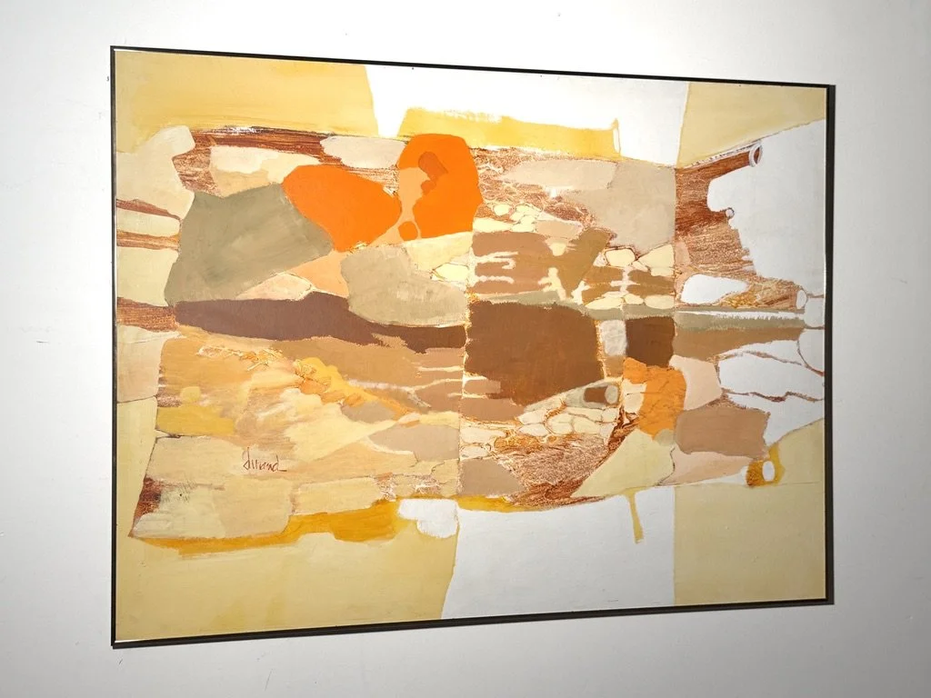 vintage mid century modern abstract organic color block oil painting on canvas signed Joel Durand large earth tone muted orange painting