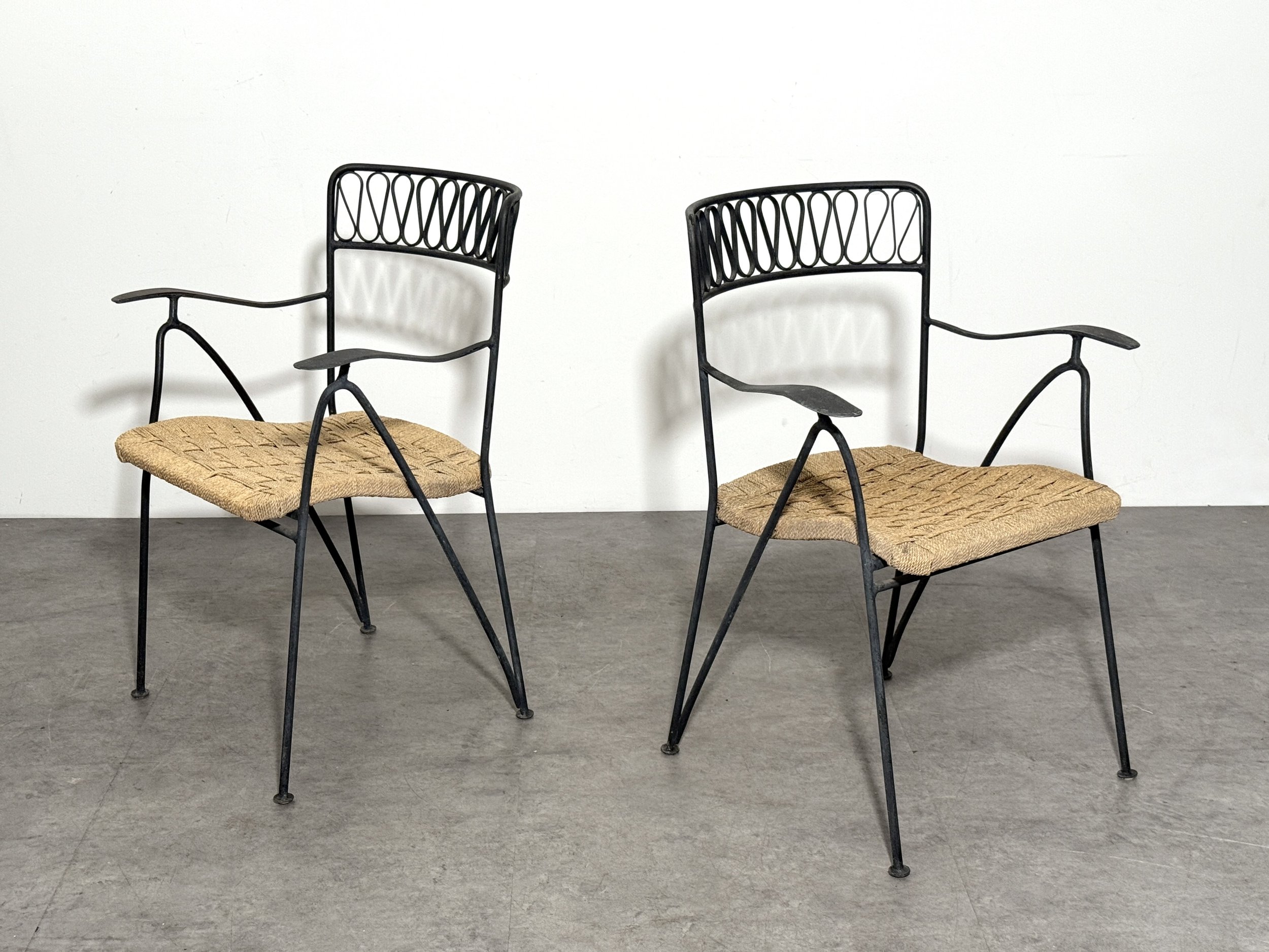 vintage mid century modern italian outdoor dining chairs wroght iron woven seat bistro chairs tempestini salterini ribbon chairs set rare italian outdoor chairs sculptural iron patio chairs