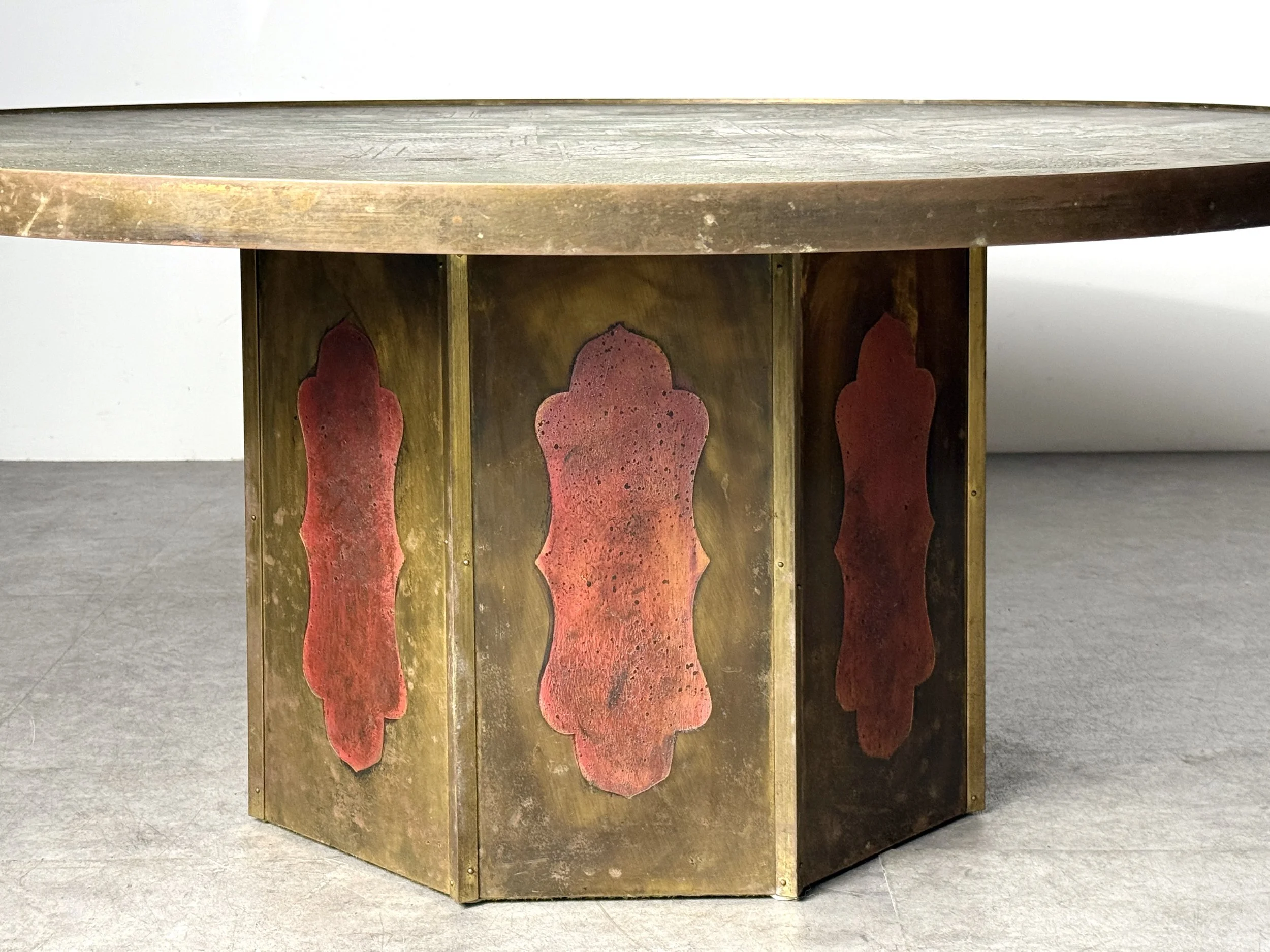 vintage mid century modern laverne bronze round coffee table cocktail table brass asian acid etched coffee table rare sculptural coffee table brass