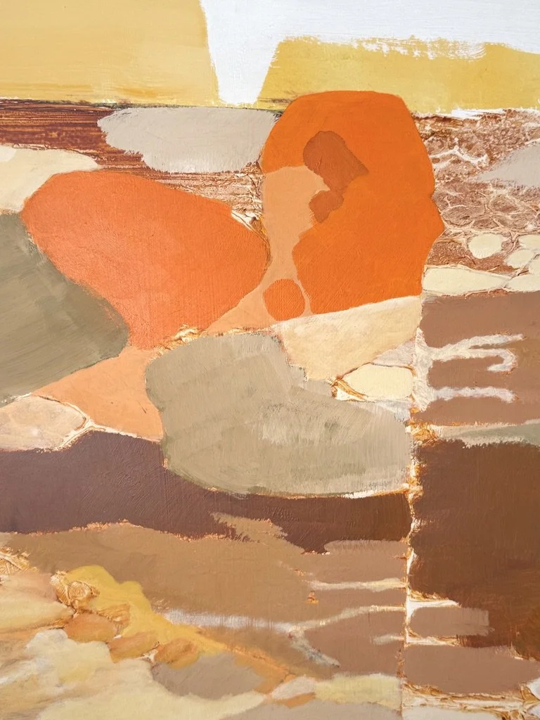 vintage mid century modern abstract organic color block oil painting on canvas signed Joel Durand large earth tone muted orange painting