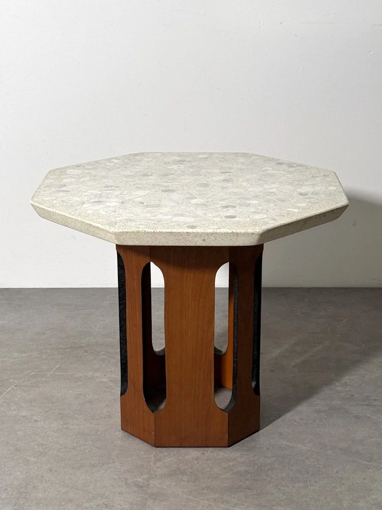 vintage mid century modern travertine terrazzo side table column base pedestal table side table end table occasional table octagon harvey probber dunbar art deco architectural sculptural table