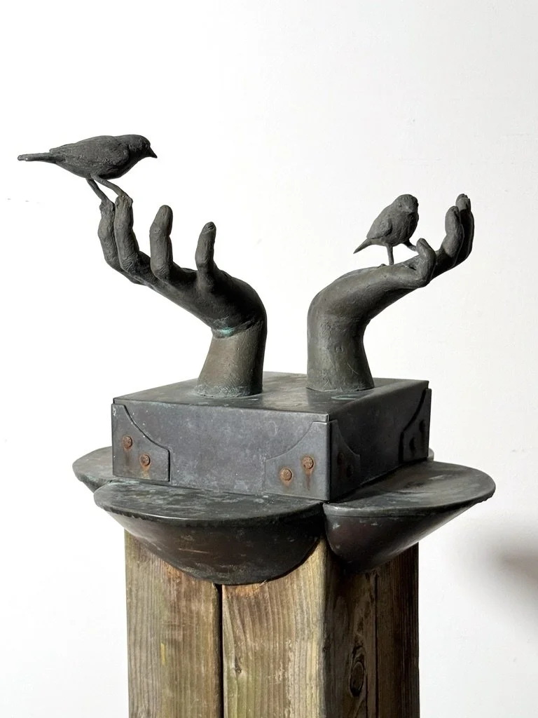 vintage mid century modern bronze totem floor sculpture birds hands bronze abstract surrealist sculpture unique garden outdoor sculpture organic rare stephen veresh