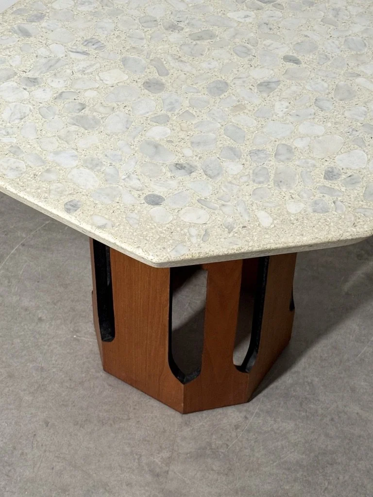 vintage mid century modern travertine terrazzo side table column base pedestal table side table end table occasional table octagon harvey probber dunbar art deco architectural sculptural table