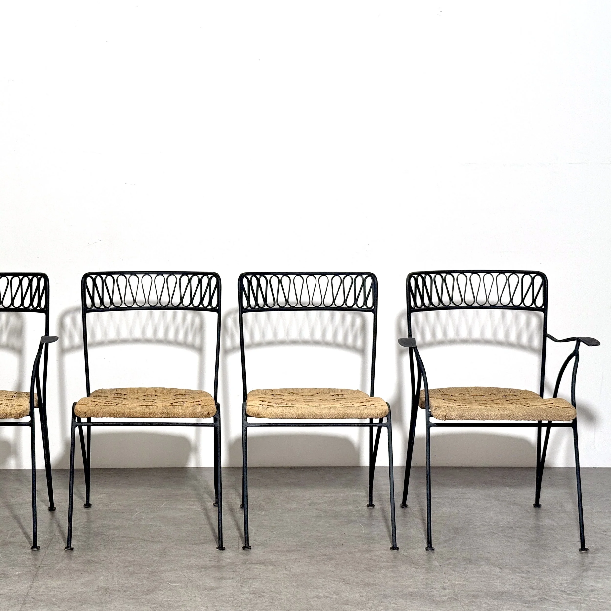 vintage mid century modern italian outdoor dining chairs wroght iron woven seat bistro chairs tempestini salterini ribbon chairs set rare italian outdoor chairs sculptural iron patio chairs