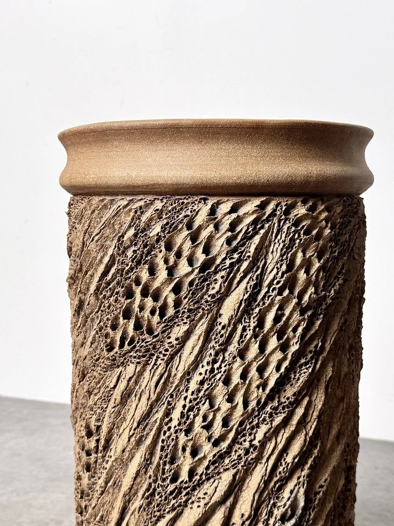 vintage mid century modern stoneware ceramic sculptural planter textured anne goldman david cressey stan bitters modernist rare unqiue tall cylinder planter