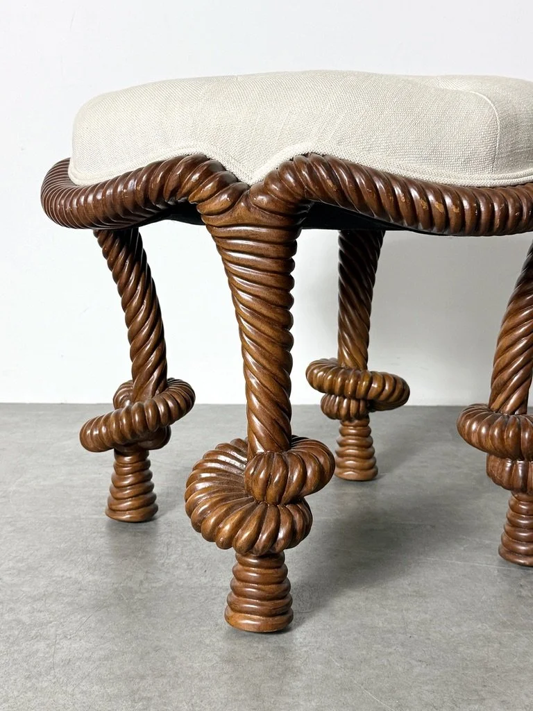 vintage mid century modern unique sculptural rare vanity stool carved wood rope knot twist decorative occasional stool bunny williams rope stool ballard designs