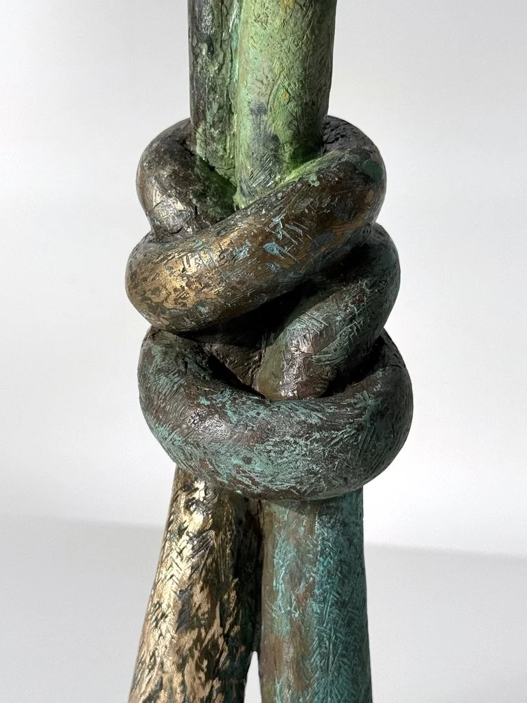 vintage mid century modern abstract bronze narrow sculpture verdigris patina knot sculpture cranbrook detroit artist unique table top sculpture solid bronze