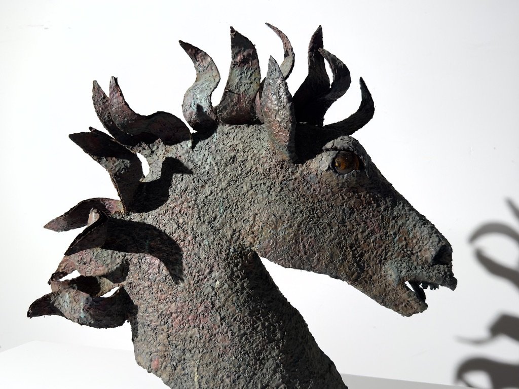 vintage mid century modern brutalist horse head outdoor sculpture bronze sculpture mexican spanish style abstract sculpture unique large horse mount
