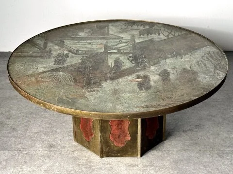 vintage mid century modern laverne bronze round coffee table cocktail table brass asian acid etched coffee table rare sculptural coffee table brass