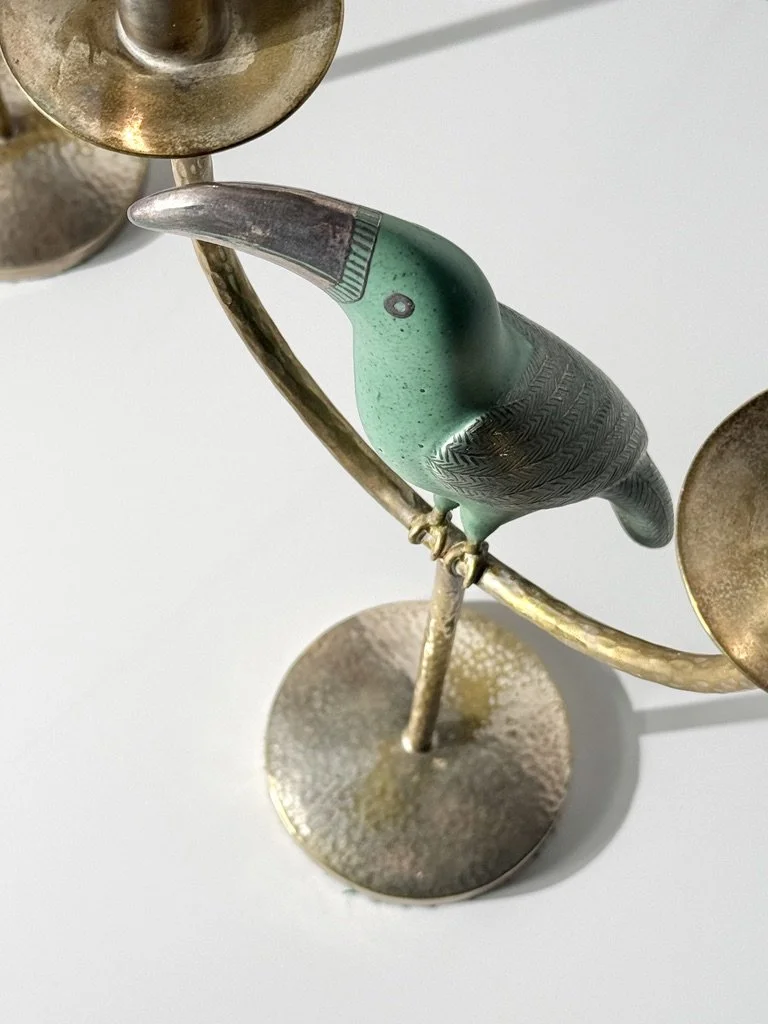 vintage mid century modern sterling silver mexican candle holders emilia castillo parrot candelabras los castillo candlesticks turquoise lapis bird rare candlesticks mexican modern taxco signed