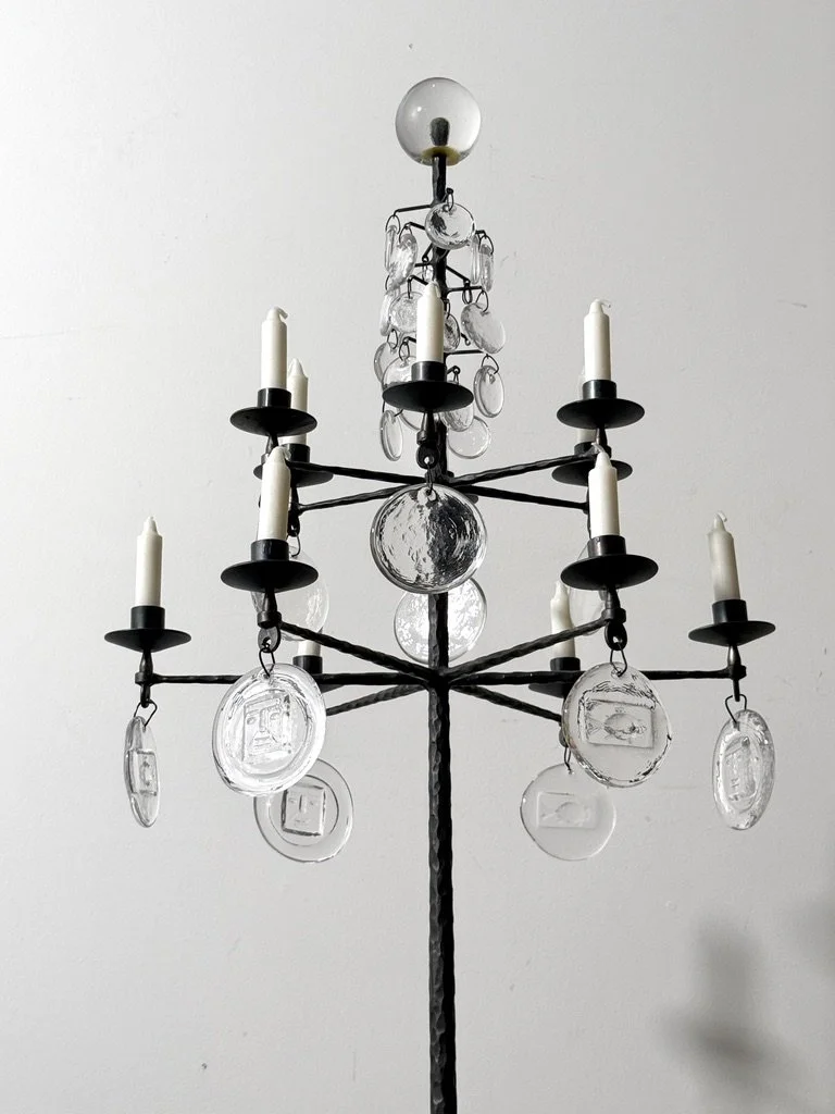 vintage mid century modern brutalist floor lamp floor standing candelabra candelabrum rare unique gothic forged iron hammered iron glass pendant chandelier floor lamp