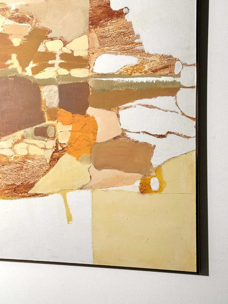 vintage mid century modern abstract organic color block oil painting on canvas signed Joel Durand large earth tone muted orange painting