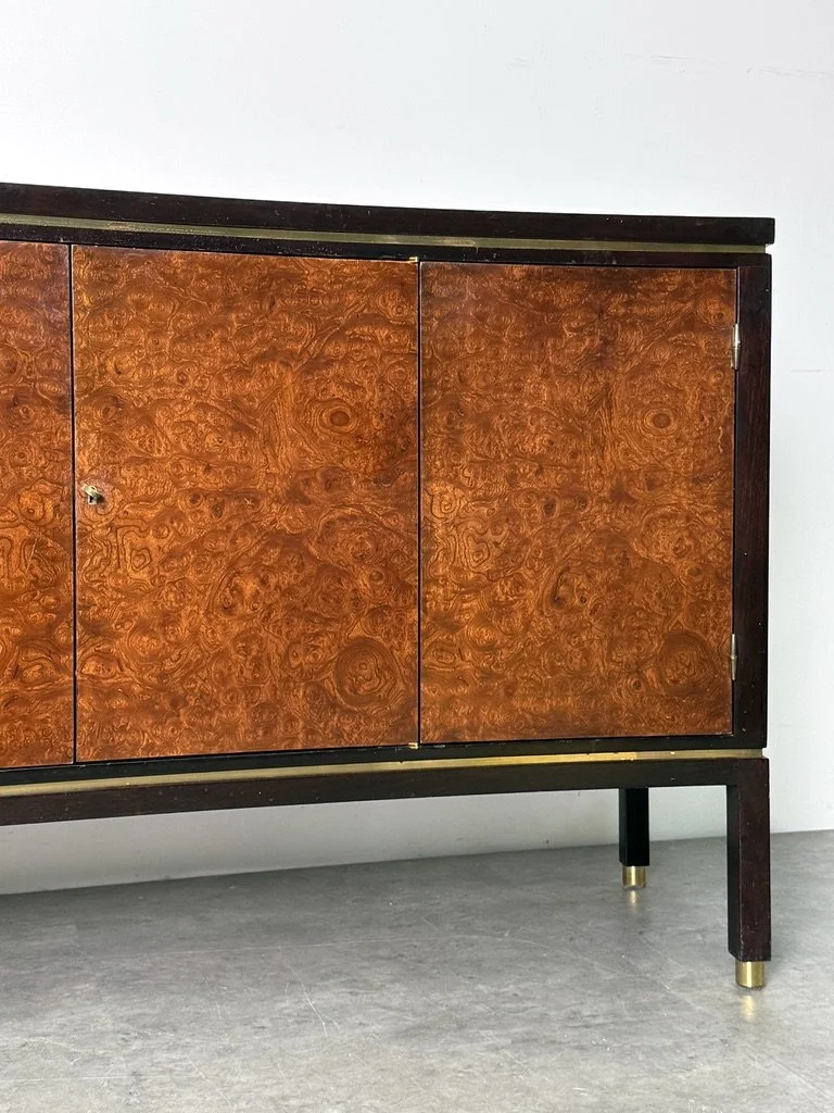 vintage mid century modern edward wormley dunbar rare credenza burl walnut elm sideboard milo baughman burl credenza unique sculptural cabinet curved front