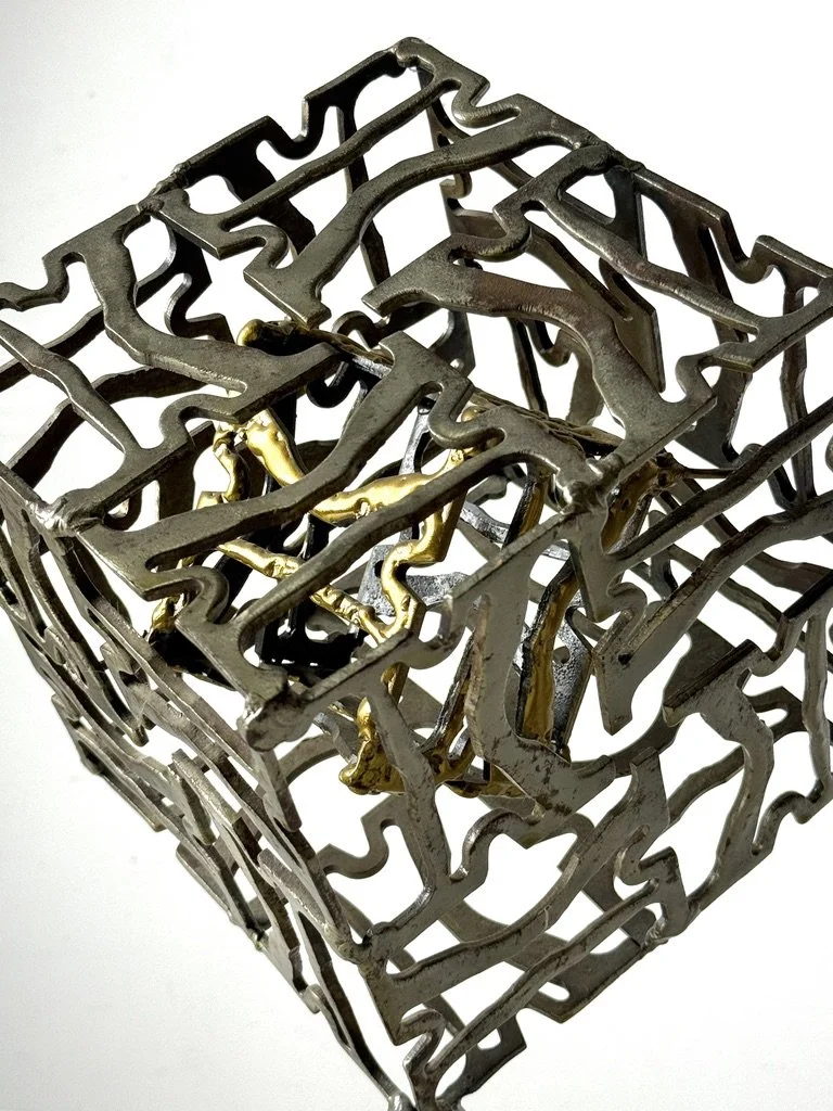 vintage mid century modern abstract metal cube sculpture steel brass welded large tabletop brutalist sculpture modernist geometric original sculpture