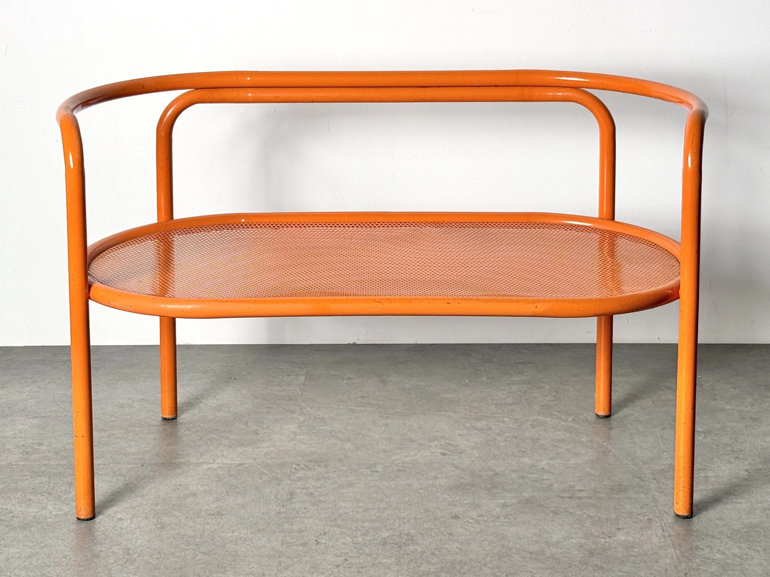 vintage mid century modern detroit michigan italian french patio outdoor bench settee modernist orange perforated metal bench pop art space age post modern seating