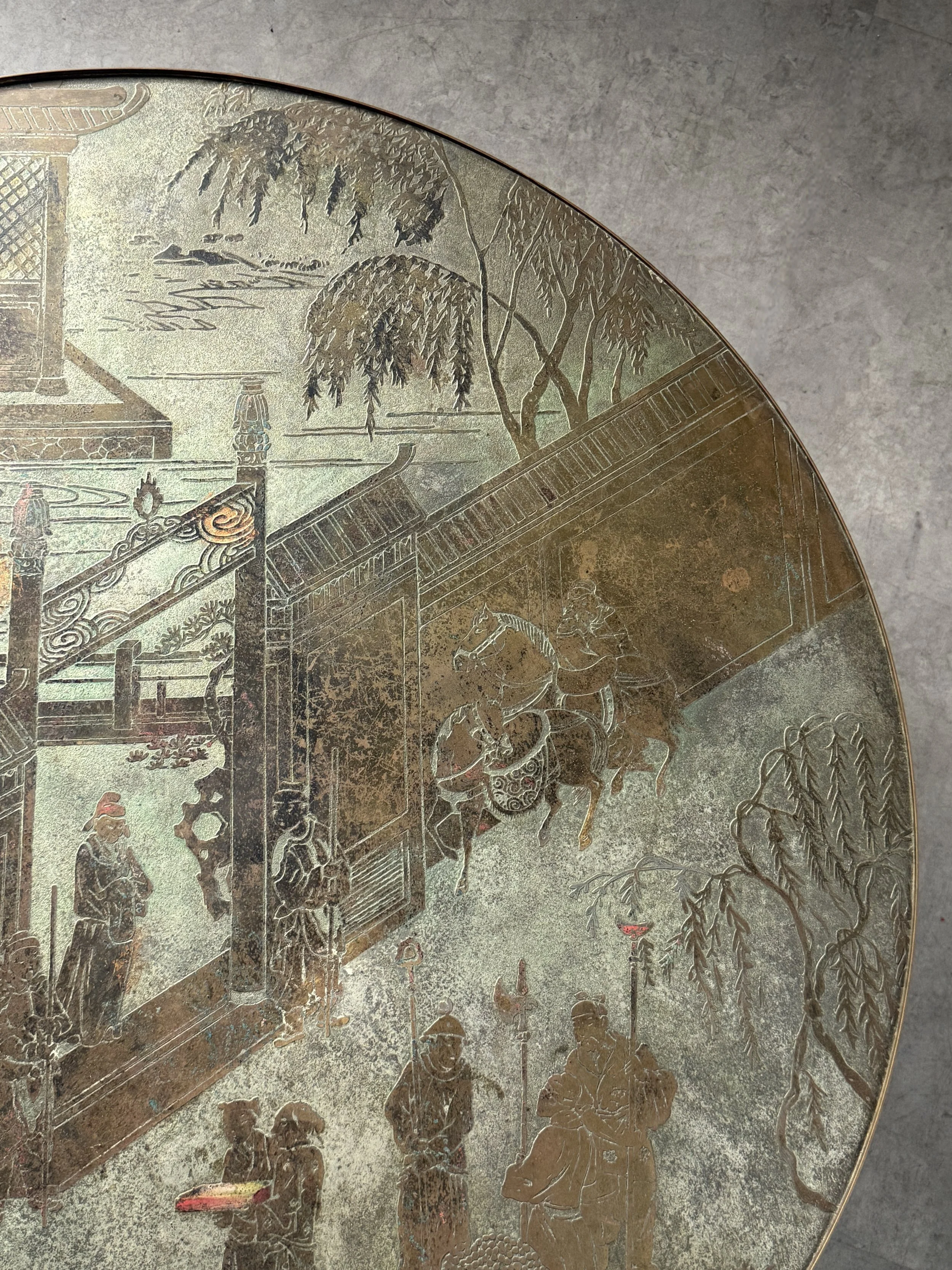 vintage mid century modern laverne bronze round coffee table cocktail table brass asian acid etched coffee table rare sculptural coffee table brass