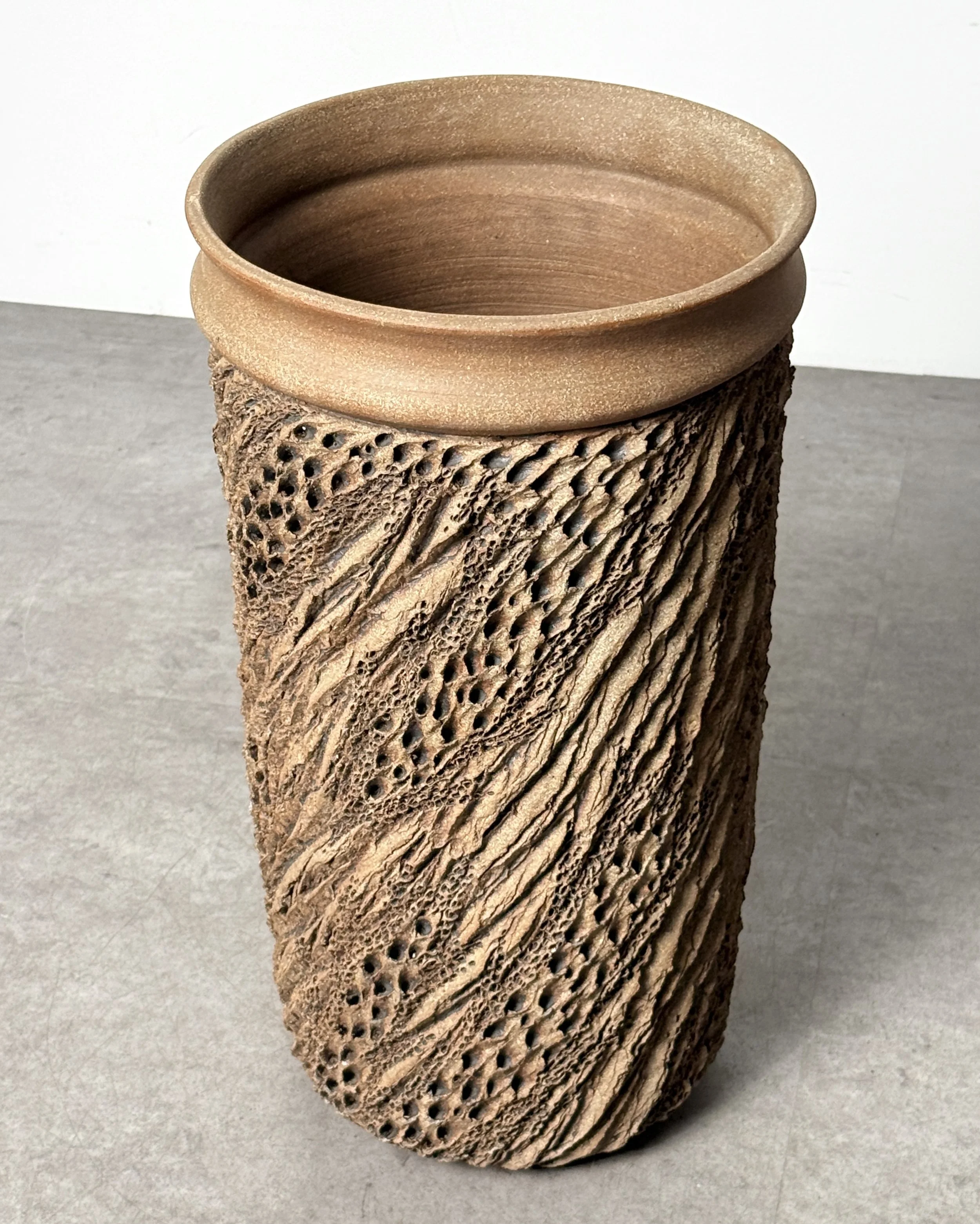 vintage mid century modern stoneware ceramic sculptural planter textured anne goldman david cressey stan bitters modernist rare unqiue tall cylinder planter