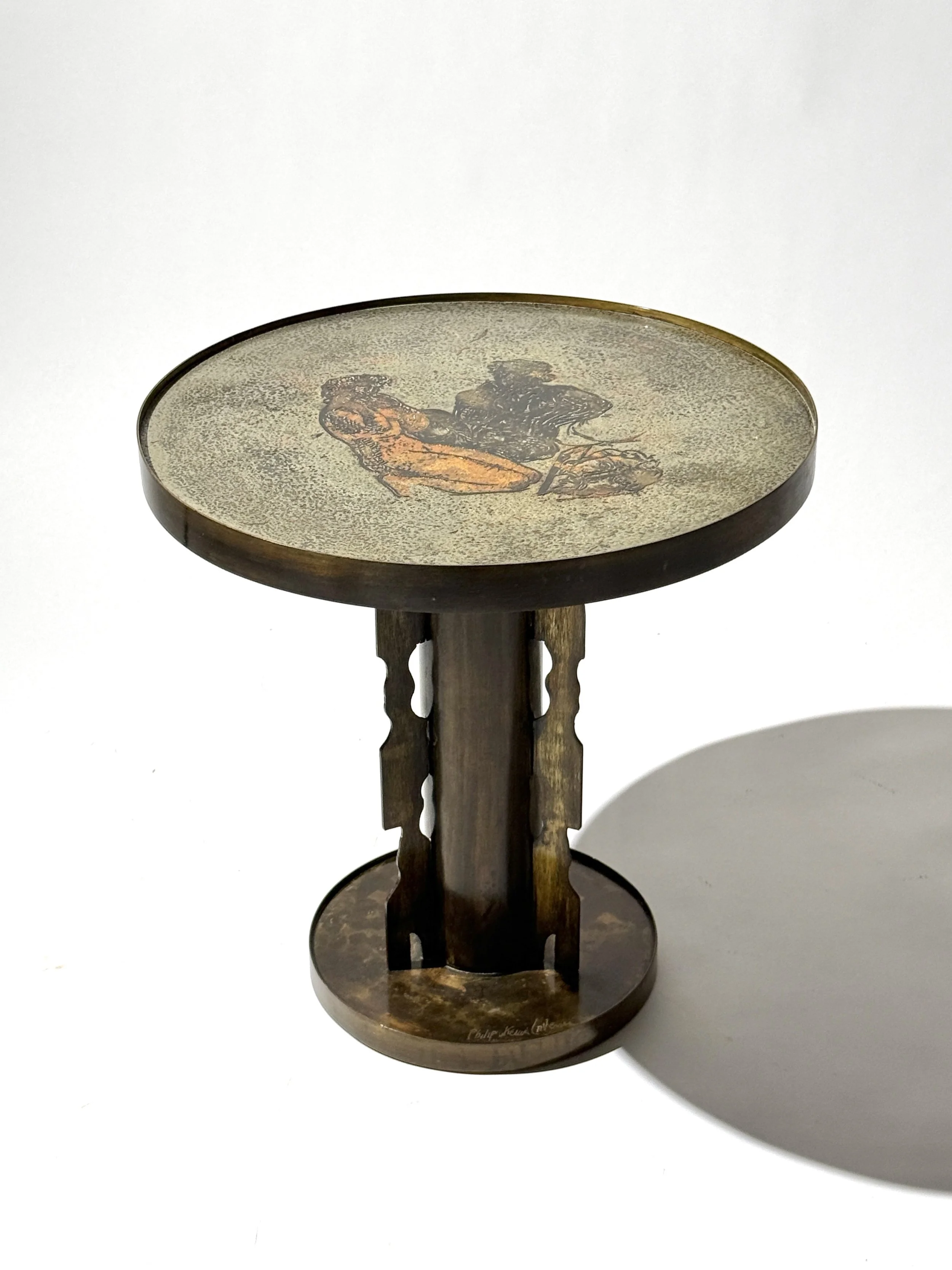 mid century philip and kelvin laverne brass side table pedestal table patinated acid etched bronze round occasional table picasso antique sculptural side table