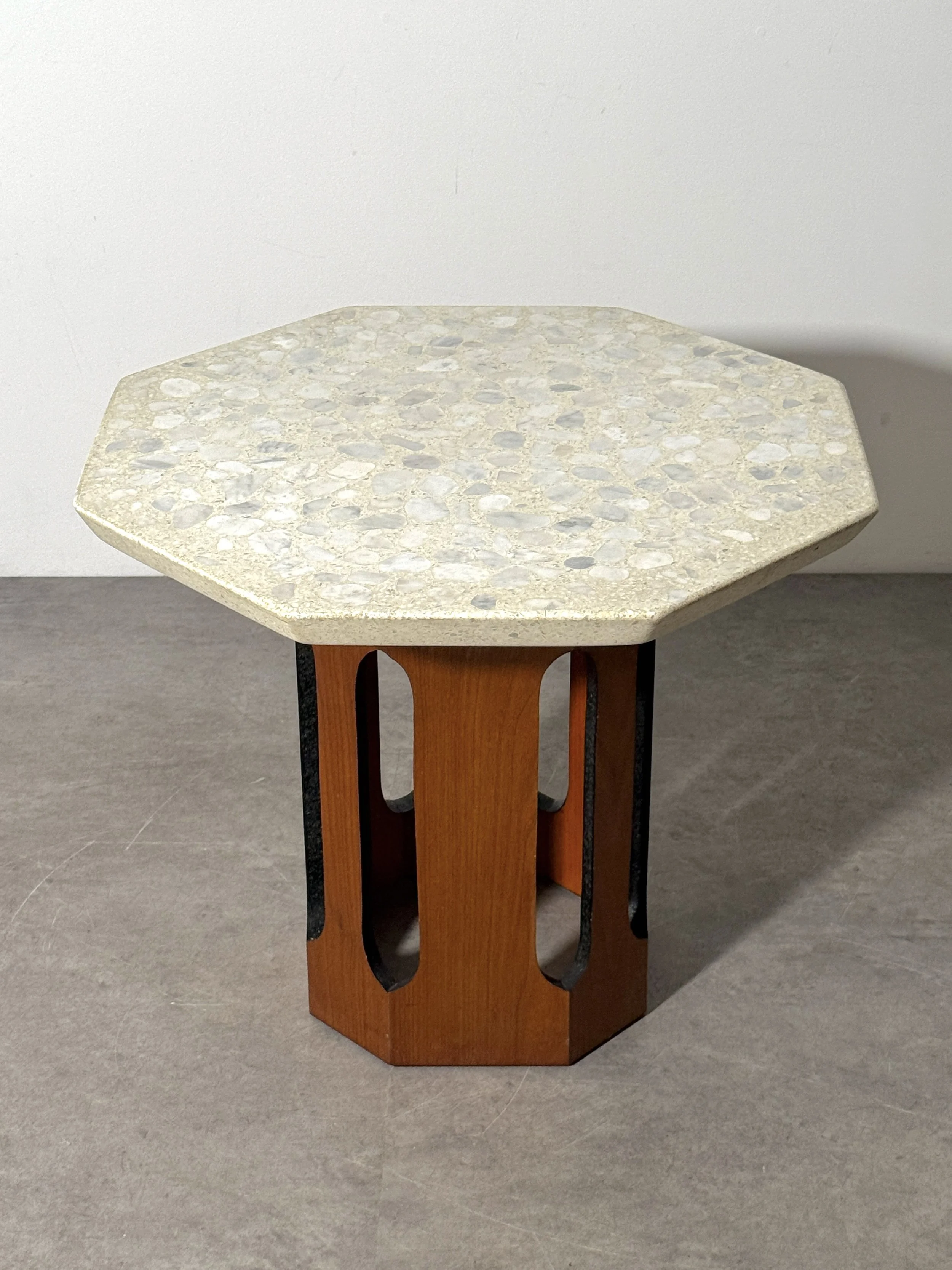 vintage mid century modern travertine terrazzo side table column base pedestal table side table end table occasional table octagon harvey probber dunbar art deco architectural sculptural table