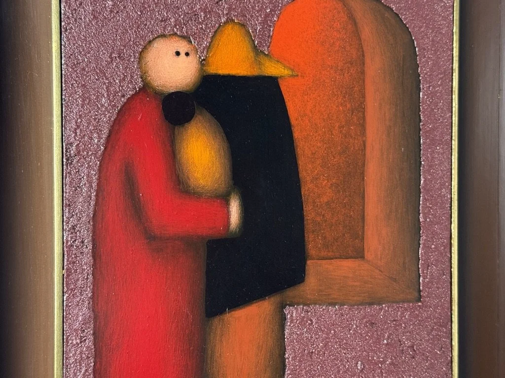 vintage mid century modern mexican oil painting original painting Jesus Leuus modernist painting surrealist figural boho painting 1960s