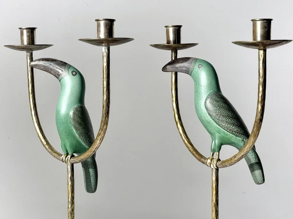 vintage mid century modern sterling silver mexican candle holders emilia castillo parrot candelabras los castillo candlesticks turquoise lapis bird rare candlesticks mexican modern taxco signed