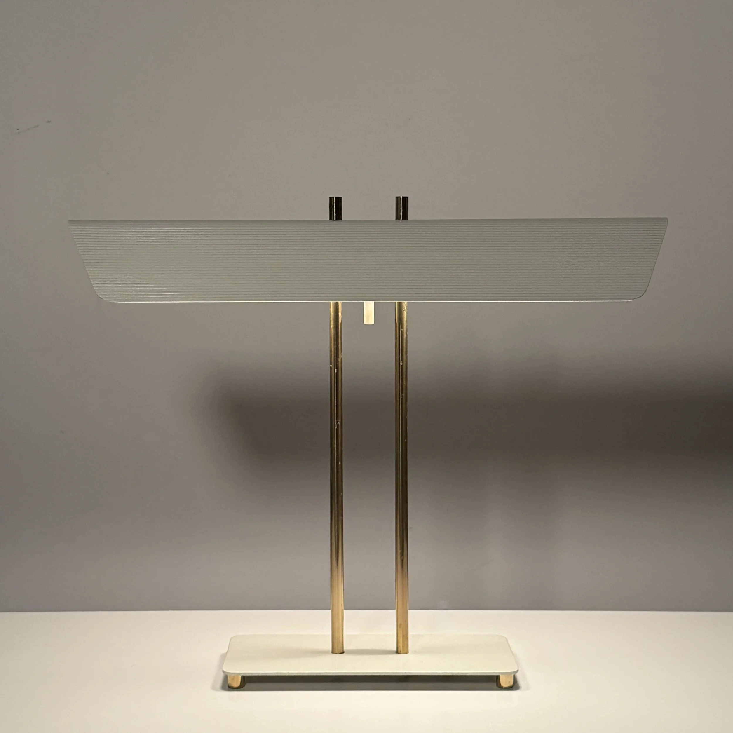 vintage mid century modern desk lamp paul mccobb table lamp white enamel brass canopy desk lamp 1950s architectural modern table lamp perforated greta von nessen studio rare