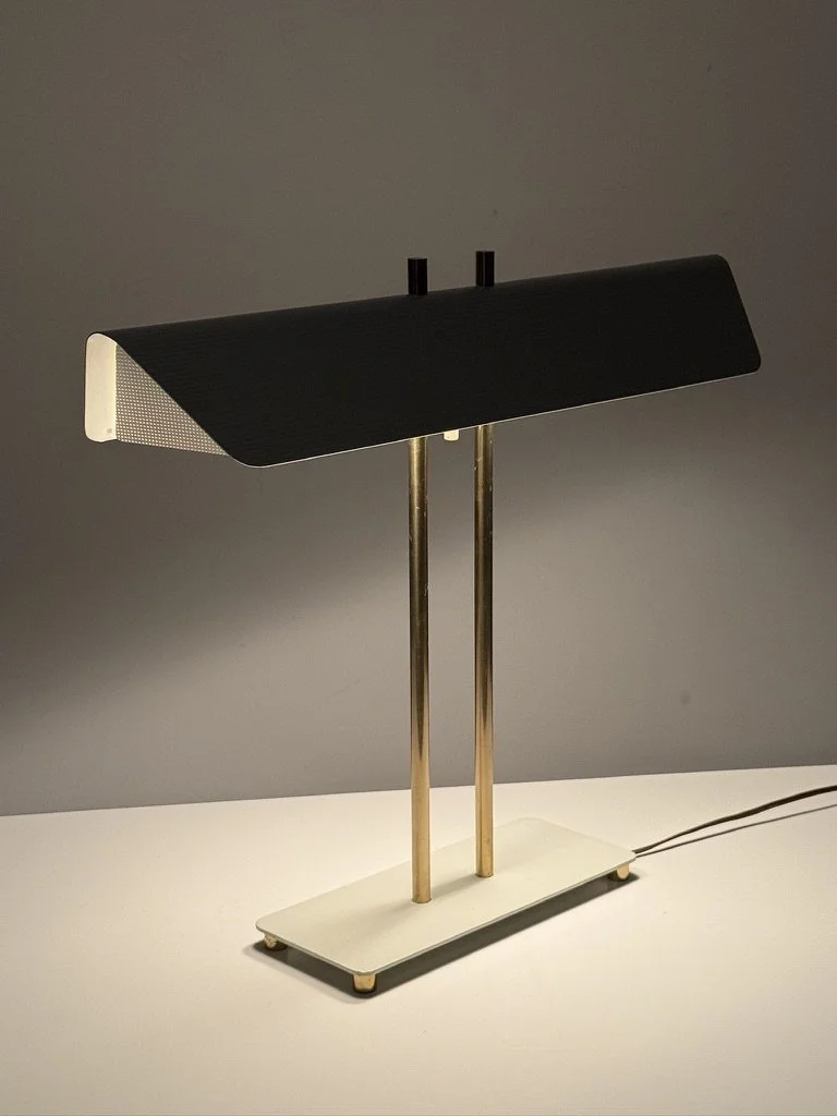 vintage mid century modern desk lamp paul mccobb table lamp white enamel brass canopy desk lamp 1950s architectural modern table lamp perforated greta von nessen studio rare